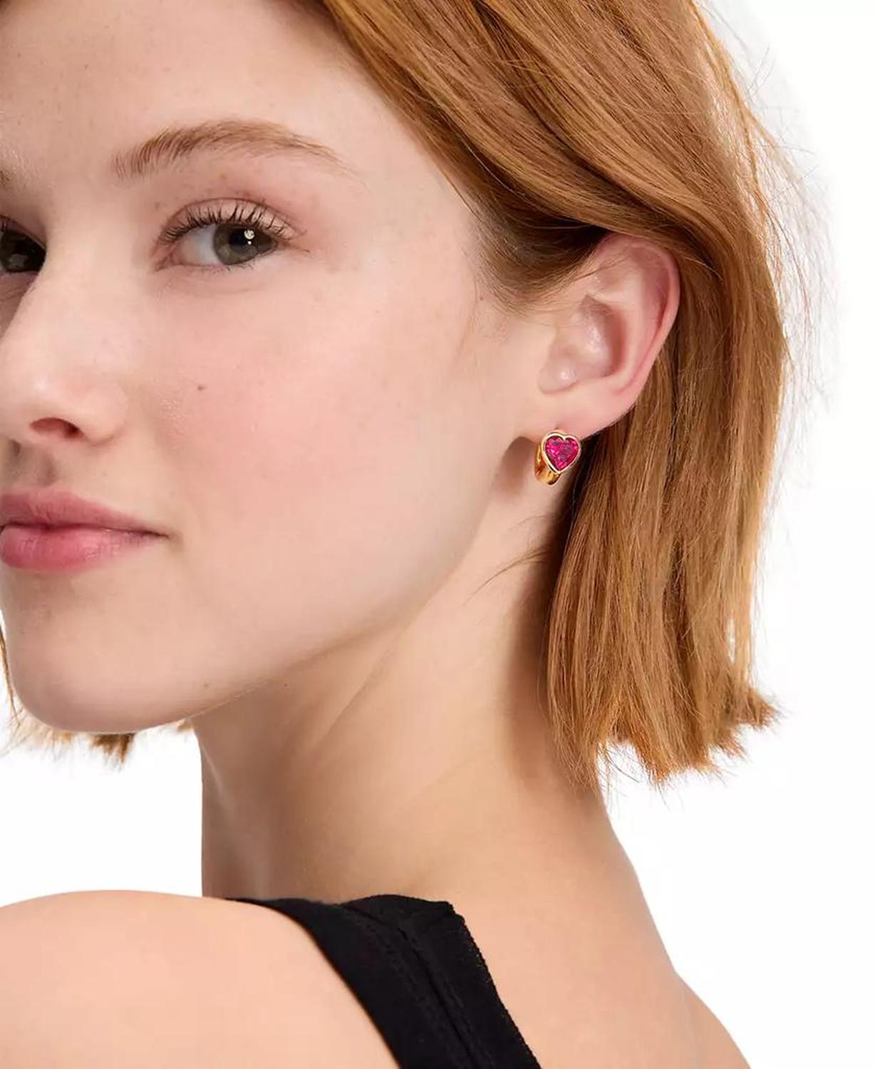 Gold-Tone Small Cubic Zirconia Heart Huggie Hoop Earrings, 0.51"