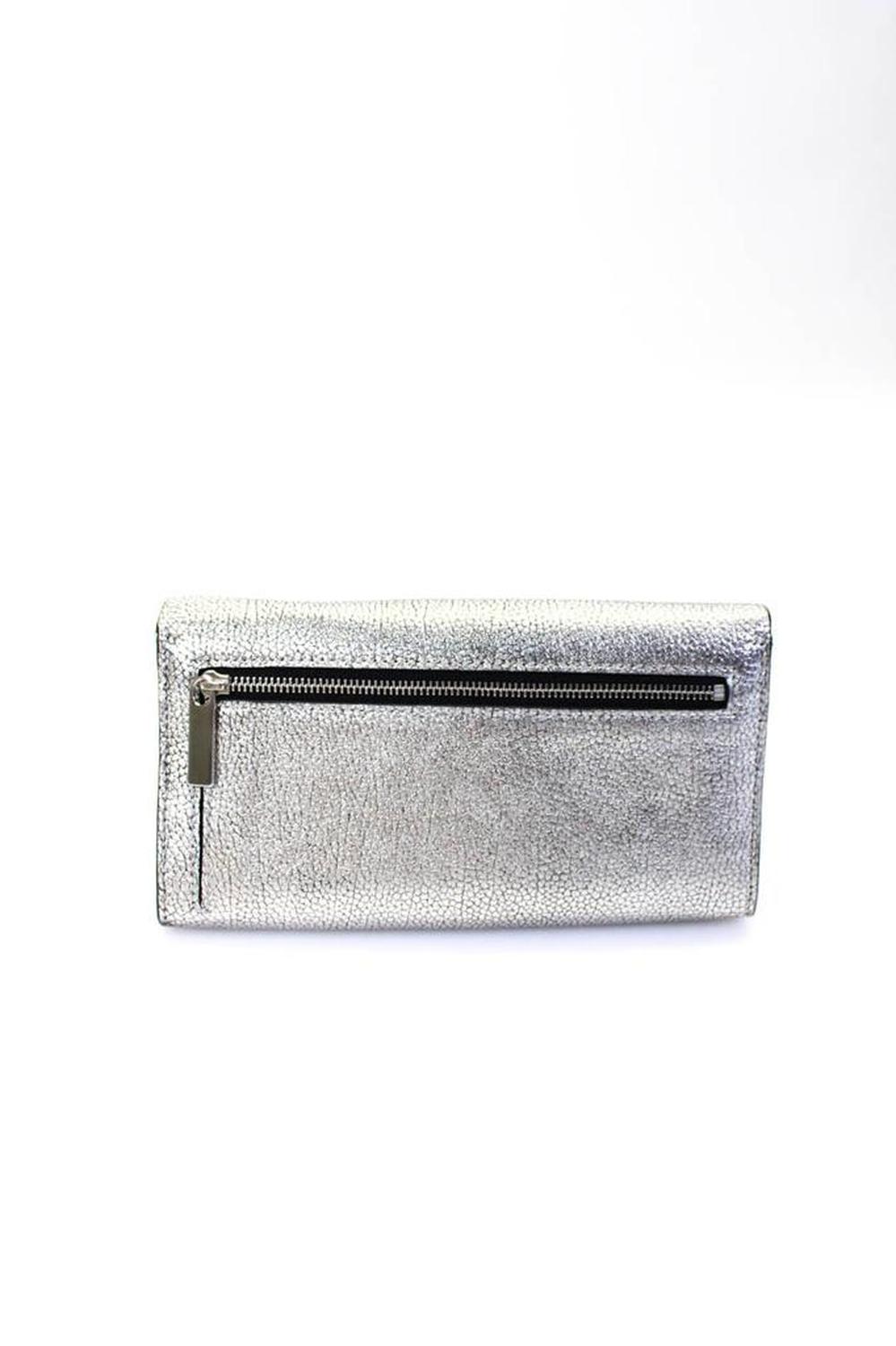 Michael Kors Womens Metallic Grain Leather Flap Wallet Silver Tone