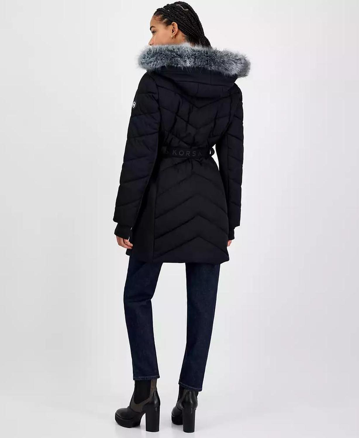 Women's Faux-Fur-Trim Hooded Belted Puffer Coat