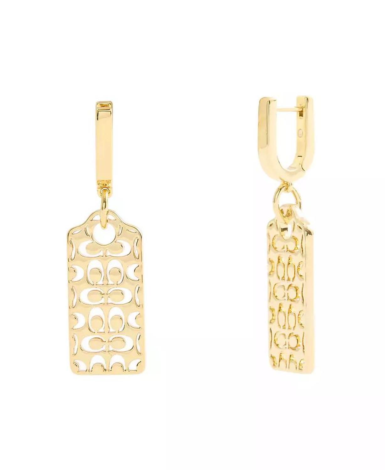 Gold Signature Quilted Hangtag Charm Huggie Earrings