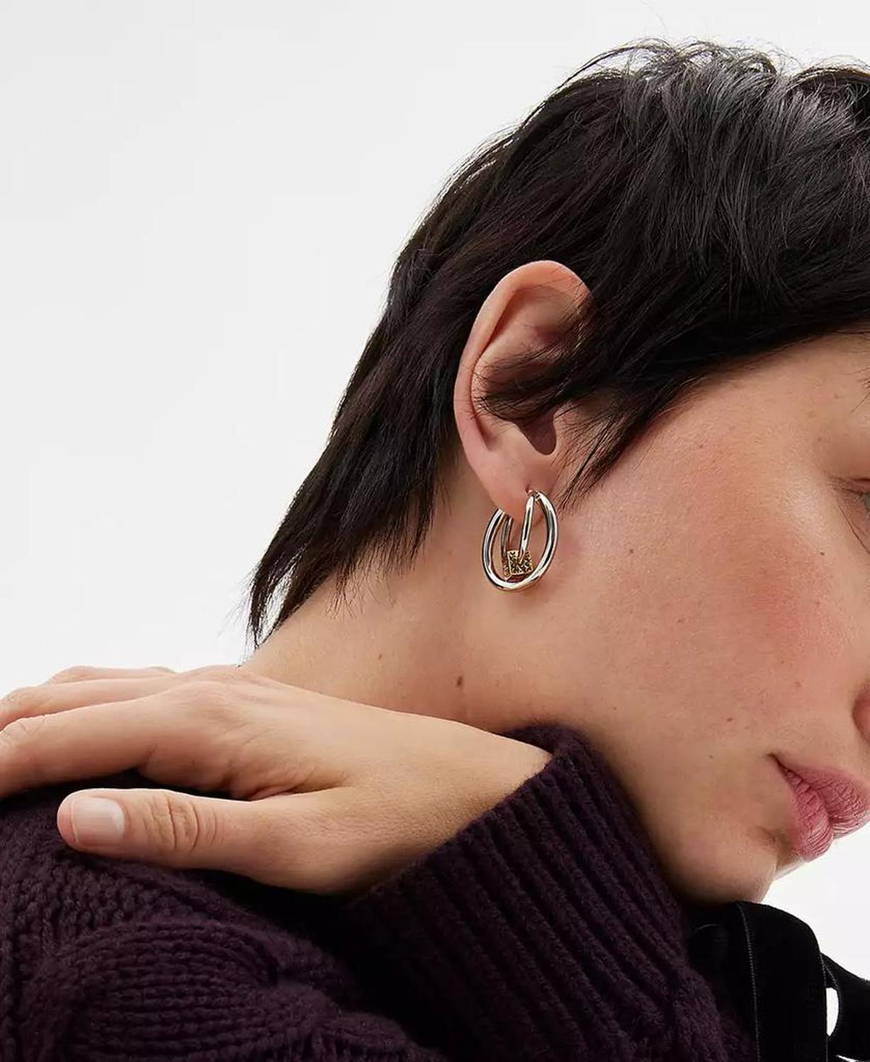 Two-Tone Signature Quilted Cube Double Hoop Earrings