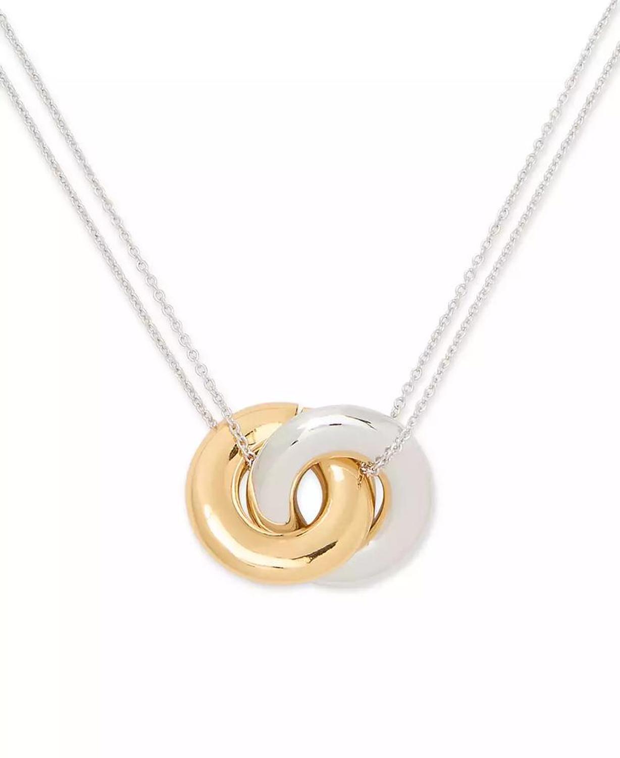 Two-Tone Interlock Ring Pendant Necklace, 16" + 3" extender