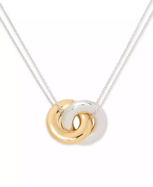 Two-Tone Interlock Ring Pendant Necklace, 16" + 3" extender