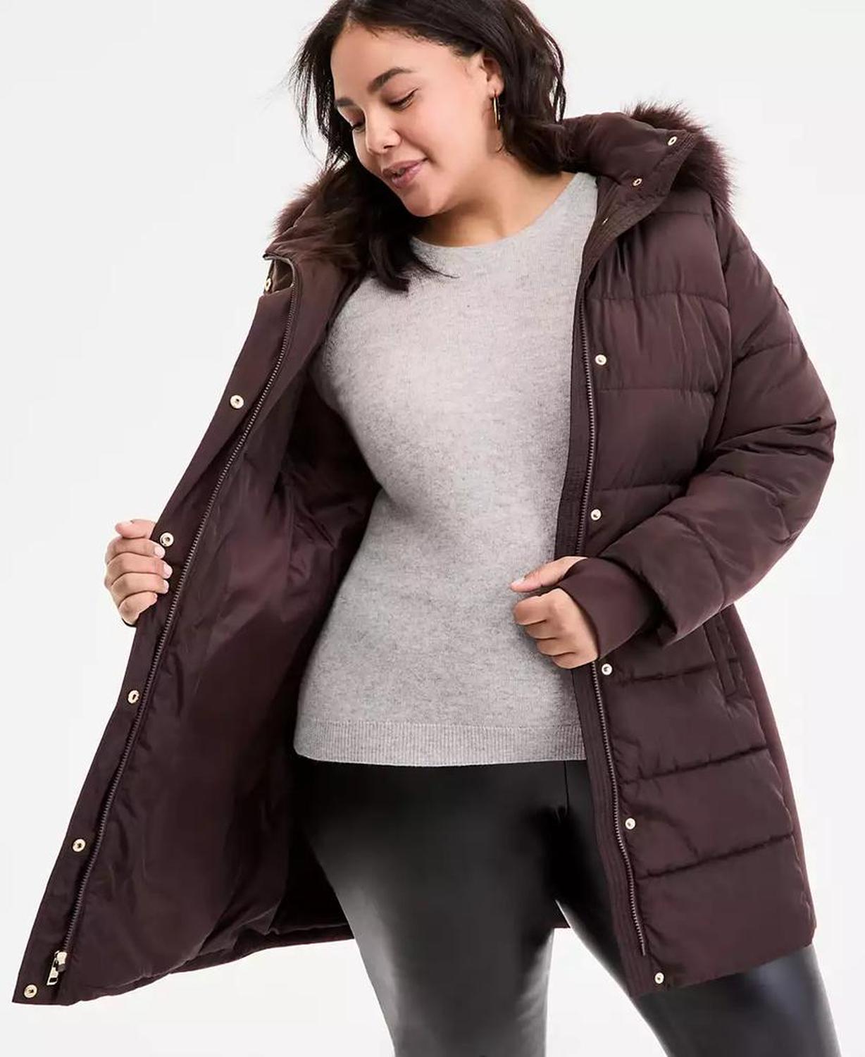 Plus Size Faux-Fur-Trim Hooded Puffer Coat, Exclusively at Macy's