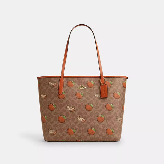 City Tote Bag In Signature Canvas With Orange Print