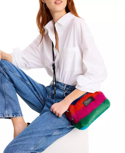 Puffed Striped Faux Fur Small Crossbody