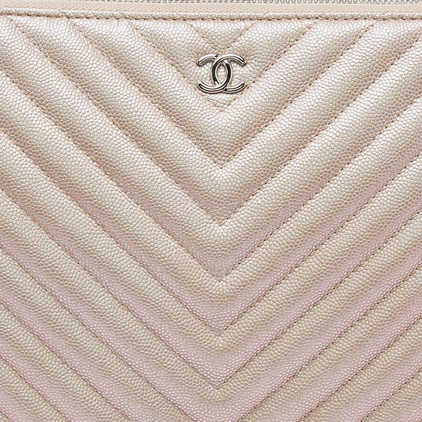 Chanel Pearl Chevron Caviar Leather Large O-Case Zip Pouch