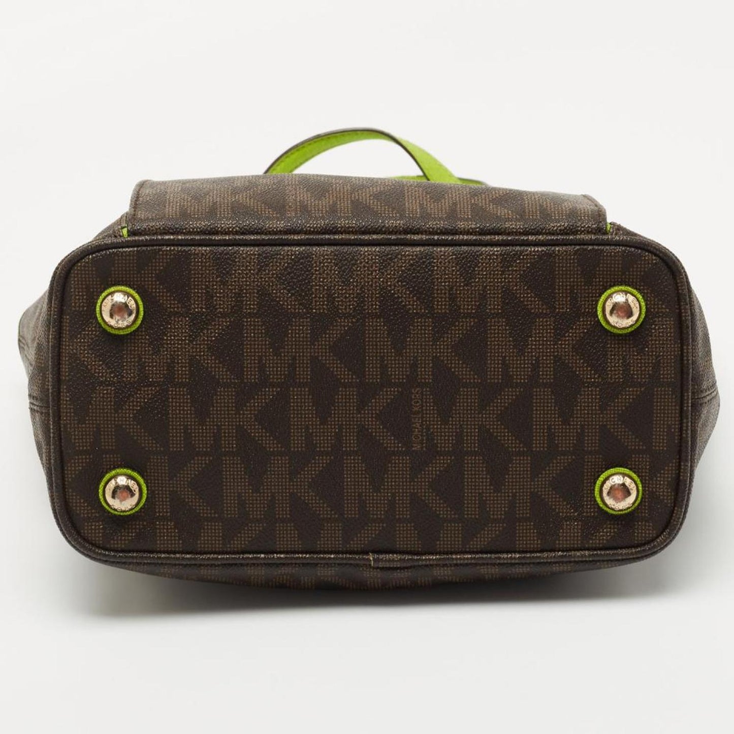 Michael Kors Brown/green Signature Coated Canvas And Leather Medium Snap Pocket Tote