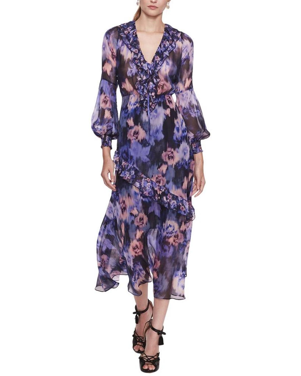 Marchesa Notte Ruffled V-Neck Domain Silk-Blend Dress