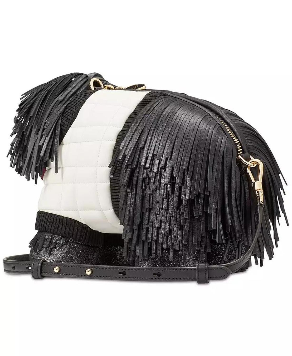 Shaggy Fabric & Fringed Leather Small 3D Dog Crossbody