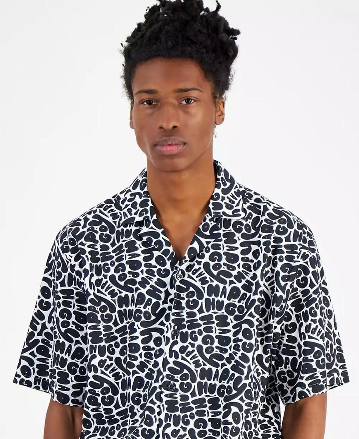 Men's Eligino Relaxed Fit Short Sleeve Button Front Logo Camp Shirt