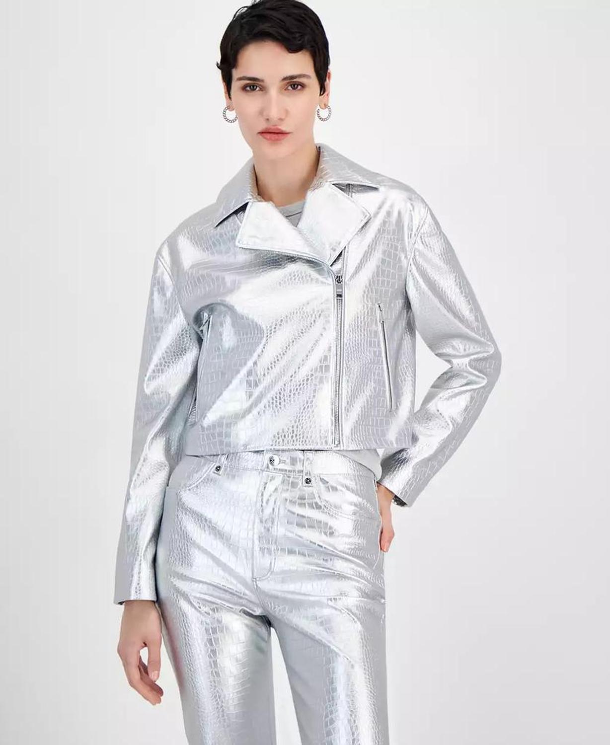 Women's Metallic Croc-Embossed Moto Jacket