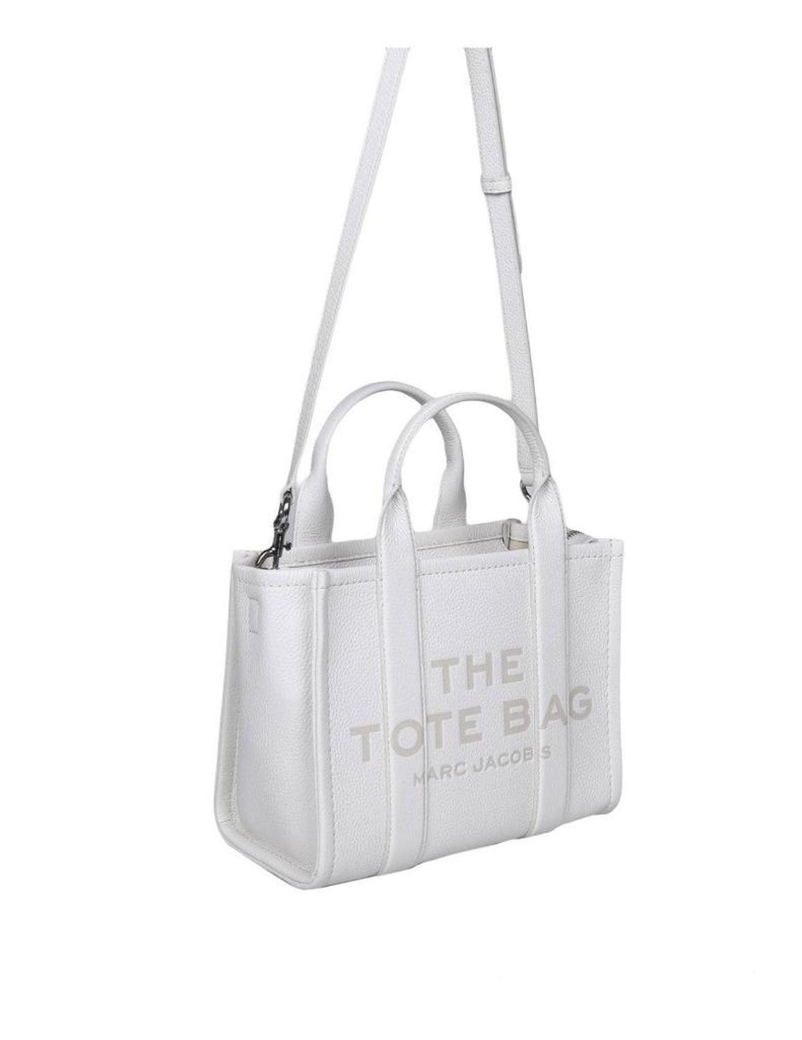Compact White Leather Tote With Embossed Logo