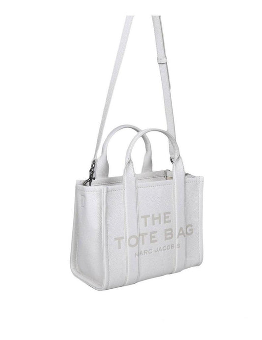 Compact White Leather Tote With Embossed Logo