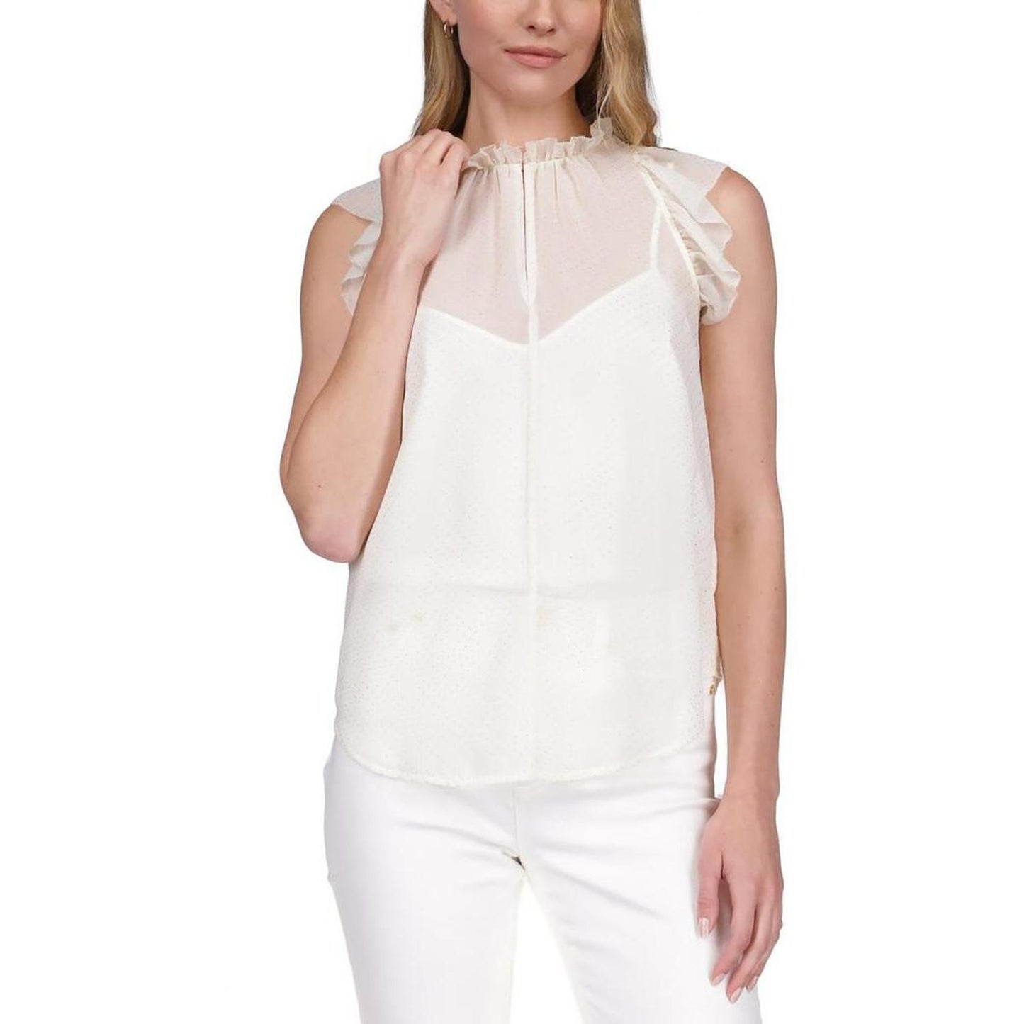 Petites Womens Chiffon Ruffled Blouse