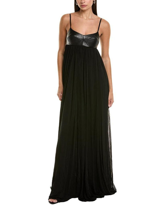 Trapunto Leather-Trim Silk-Blend Gown