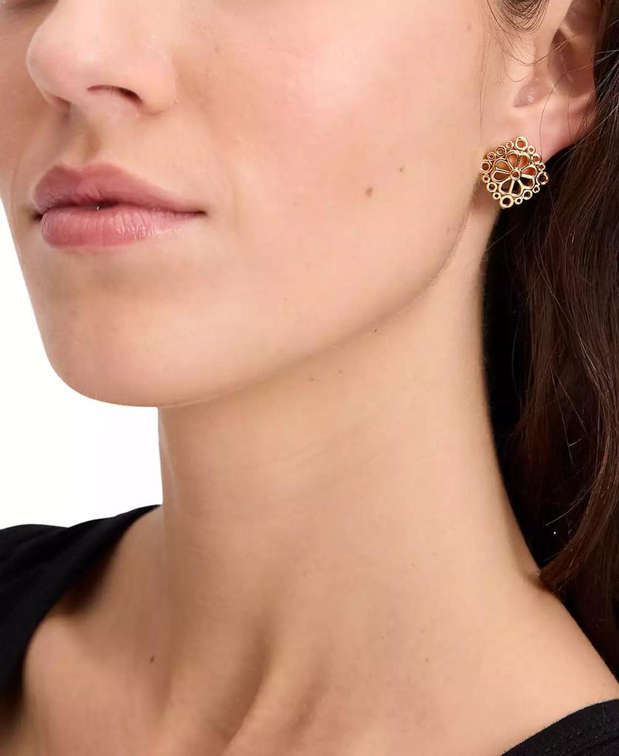 Gold-Tone Spade Flower Lace Stud Earrings