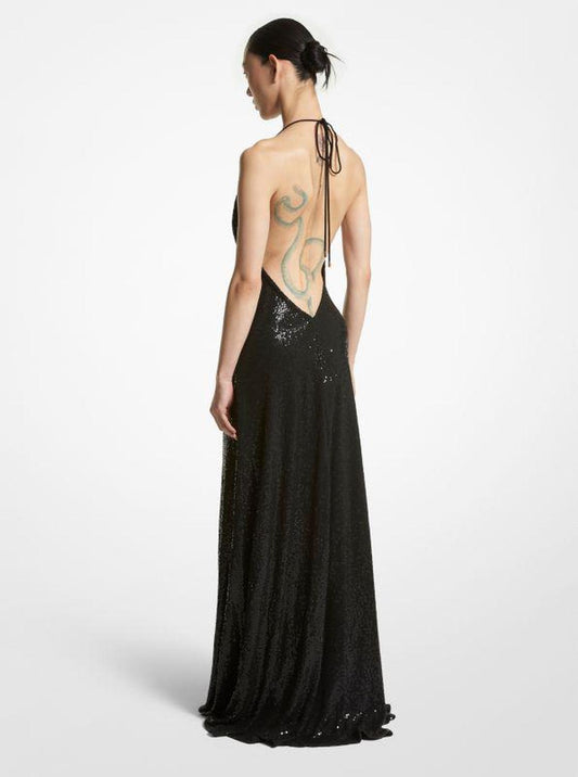 Hand-Embroidered Sequin Viscose Cowl Gown