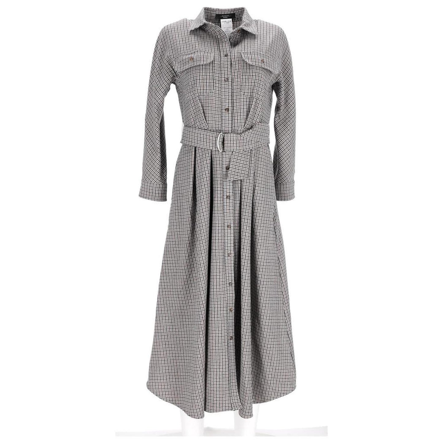 Weekend Check Fischio Maxi Belted Dress in Grey Virgin Wool