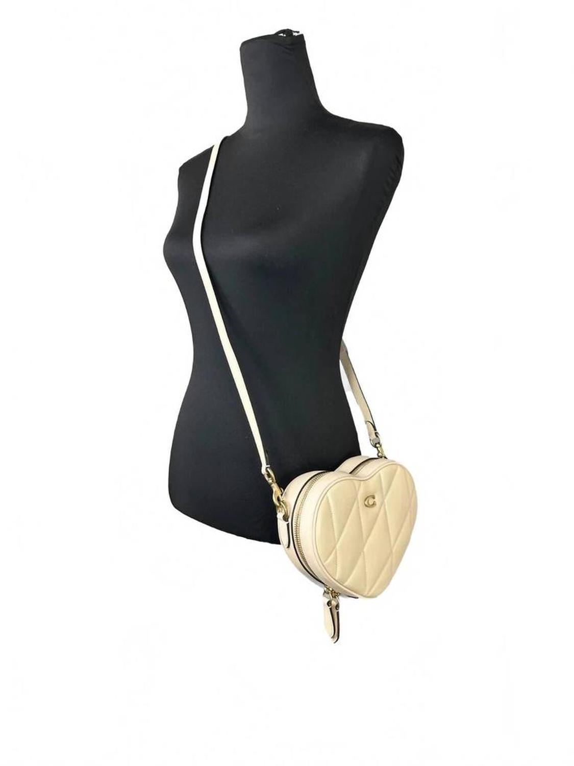Women's Heart Small Quilted Leather Crossbody Bag Purse In Beige