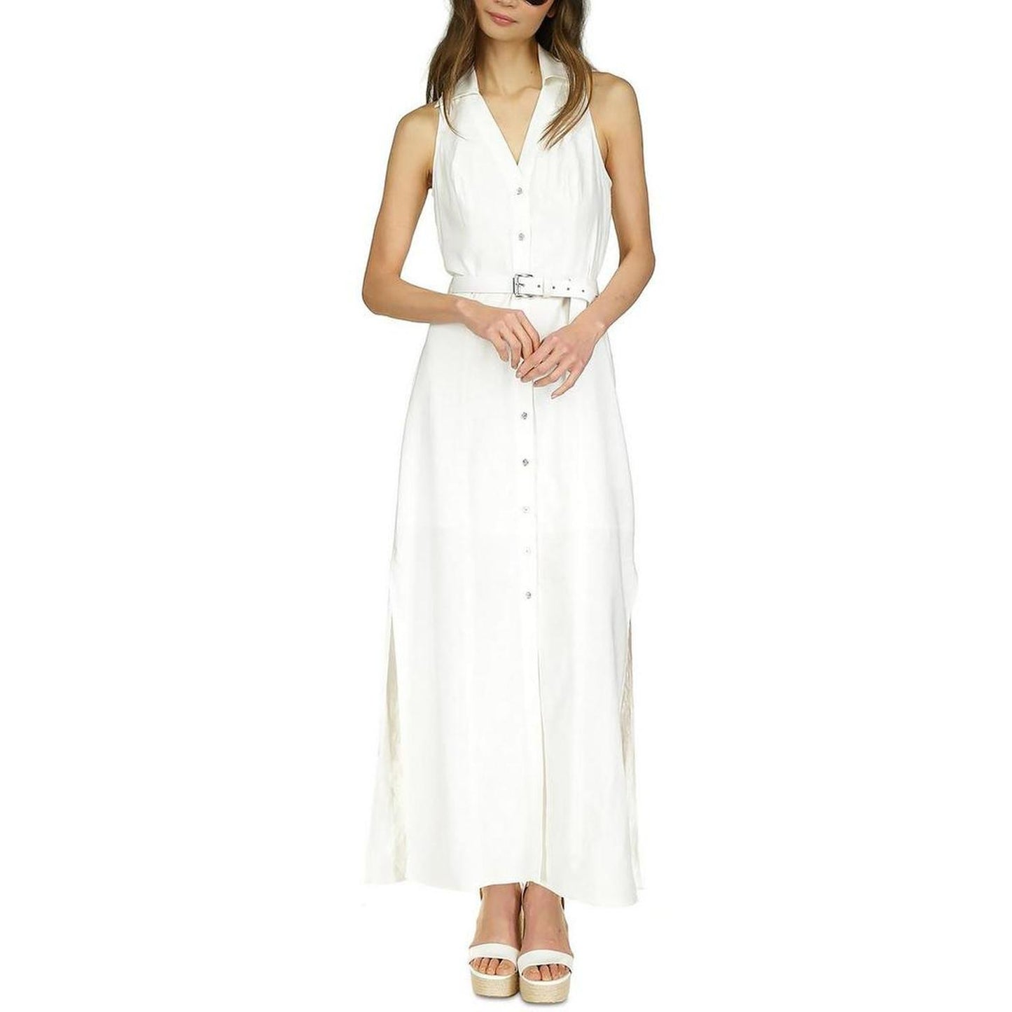 Petites Womens Belted Button down Maxi Dress