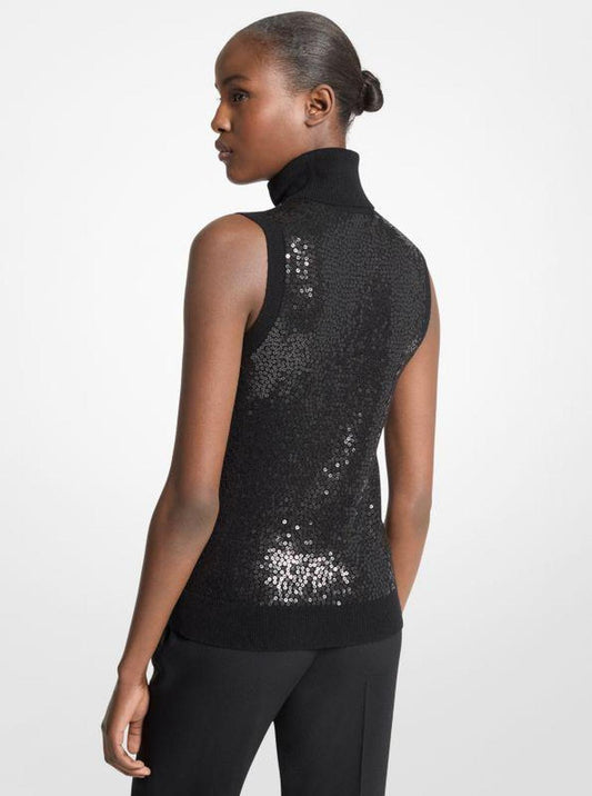 Hand-Embroidered Sequin Cashmere Sleeveless Turtleneck Sweater