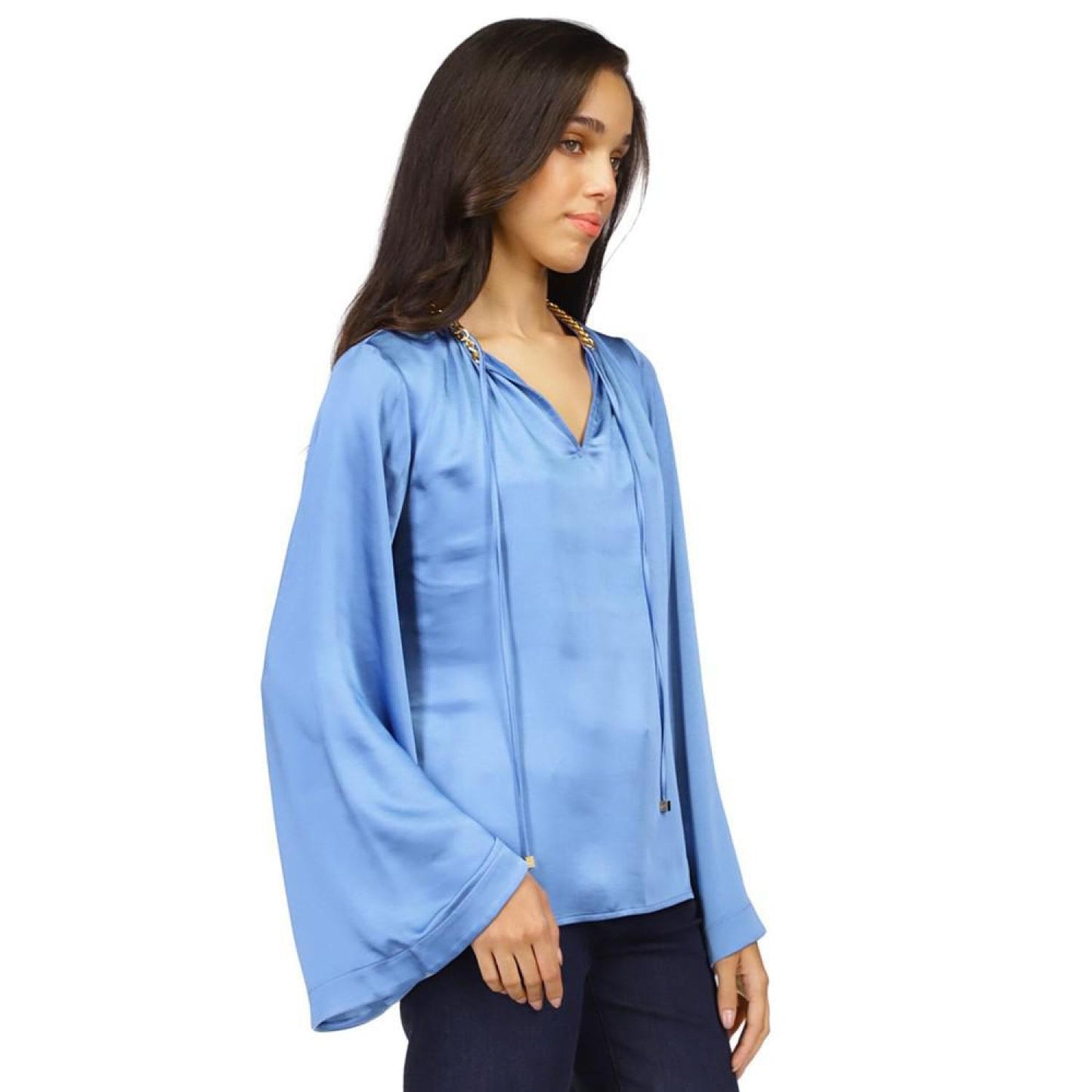 Women's Satin Bell-Sleeve Chain-Neck Top