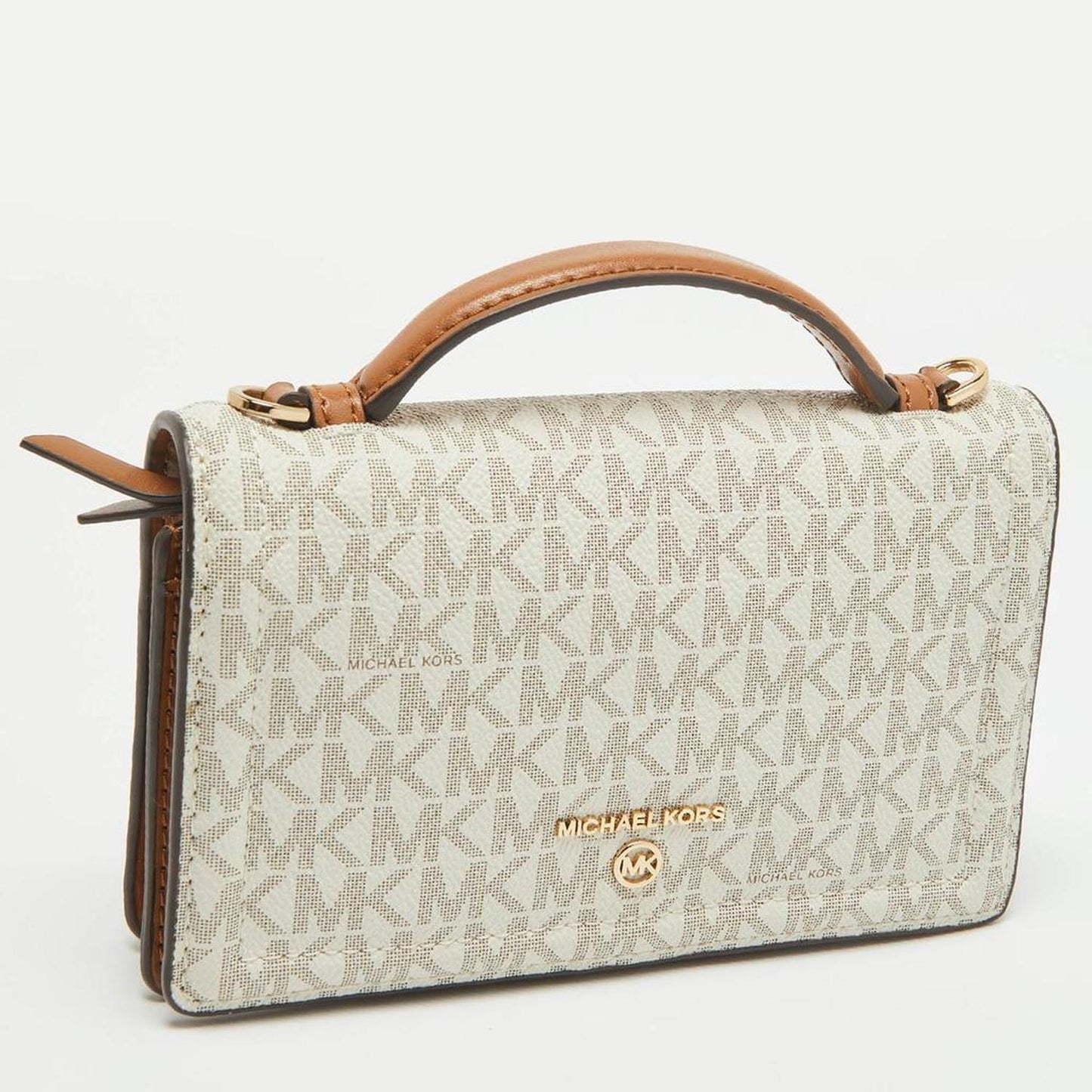 Michael Kors Brown /white Signature Coated Canvas And Leather Phone Wallet Bag