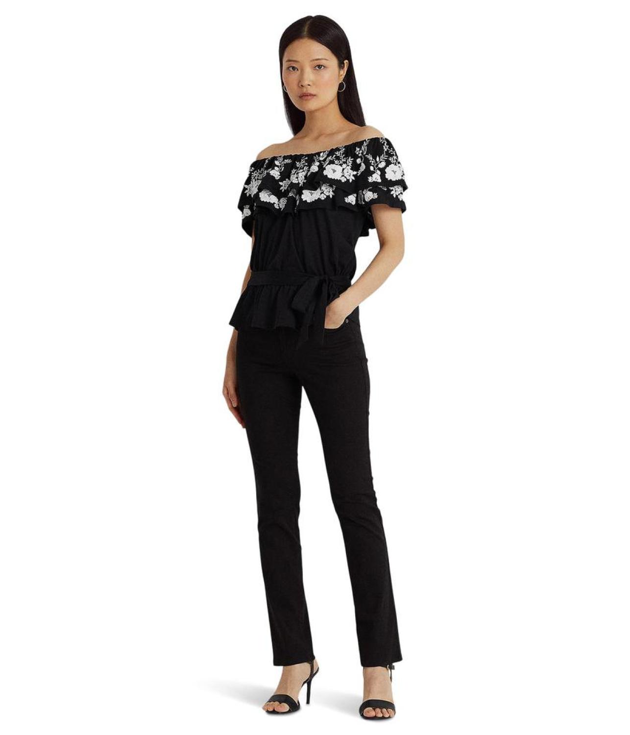 Embroidered Jersey Off-the-Shoulder Top