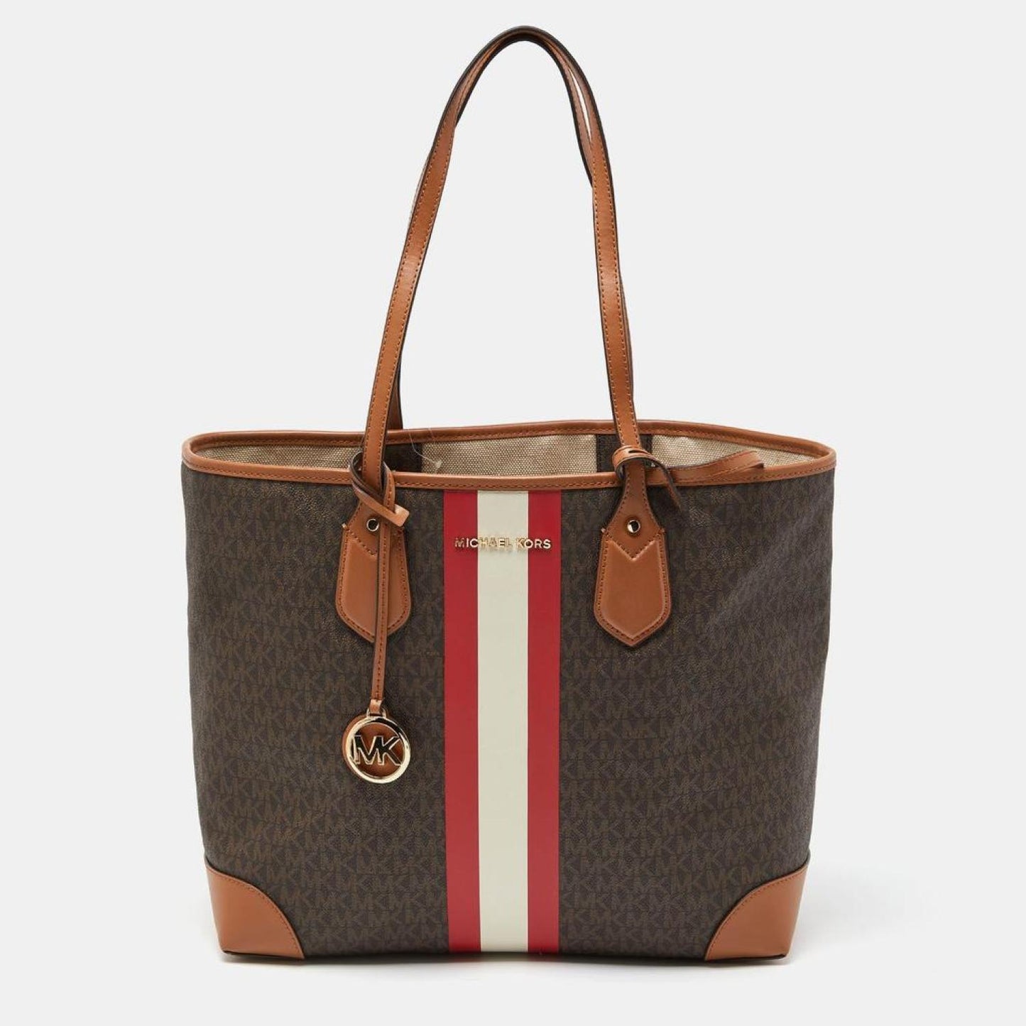 Michael Kors Signature Coated Canvas And Leather Large Logo Stripe Eva Tote