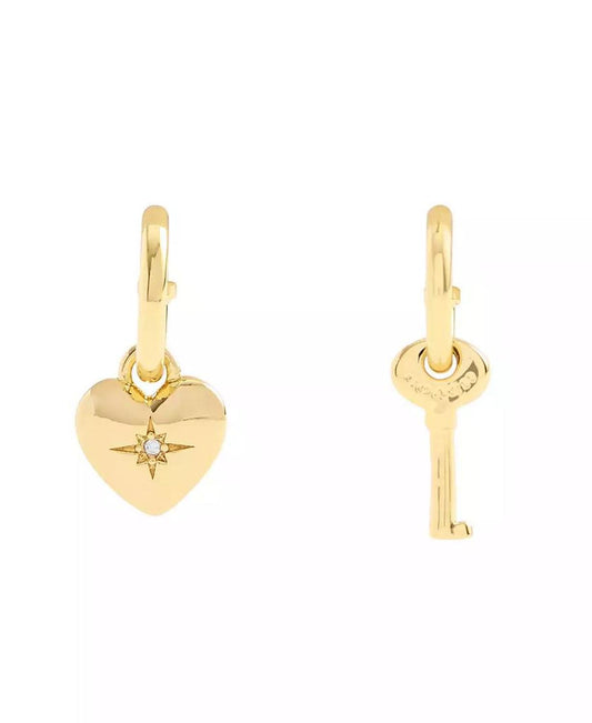 Gold Tone Heart and Key Mismatch Charm Huggie Earrings
