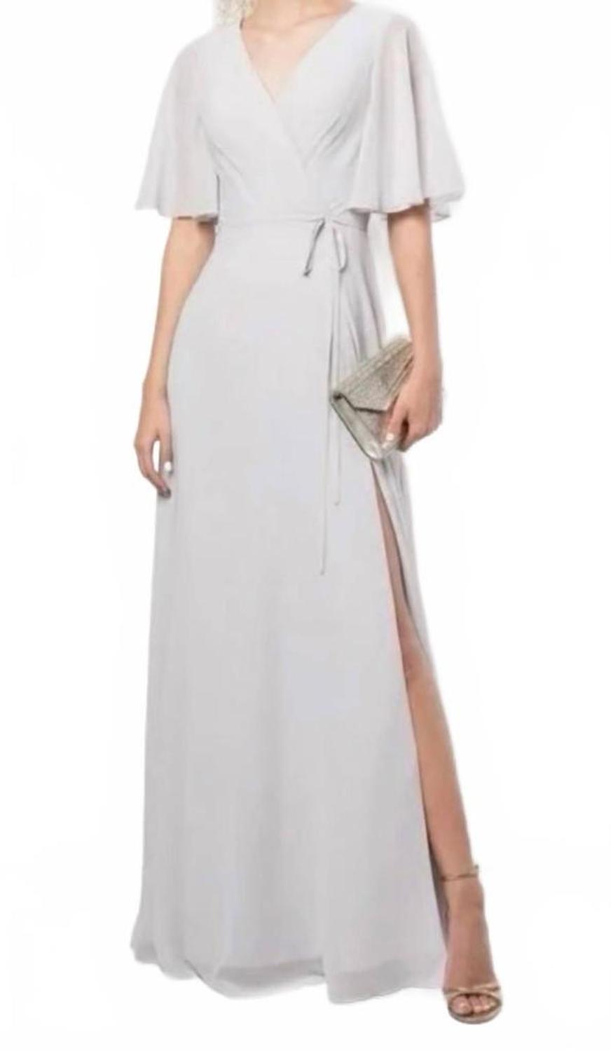 Bridesmaid's Rome Draped-Sleeve Rear-Cutout Wrap Gown In Dove Grey