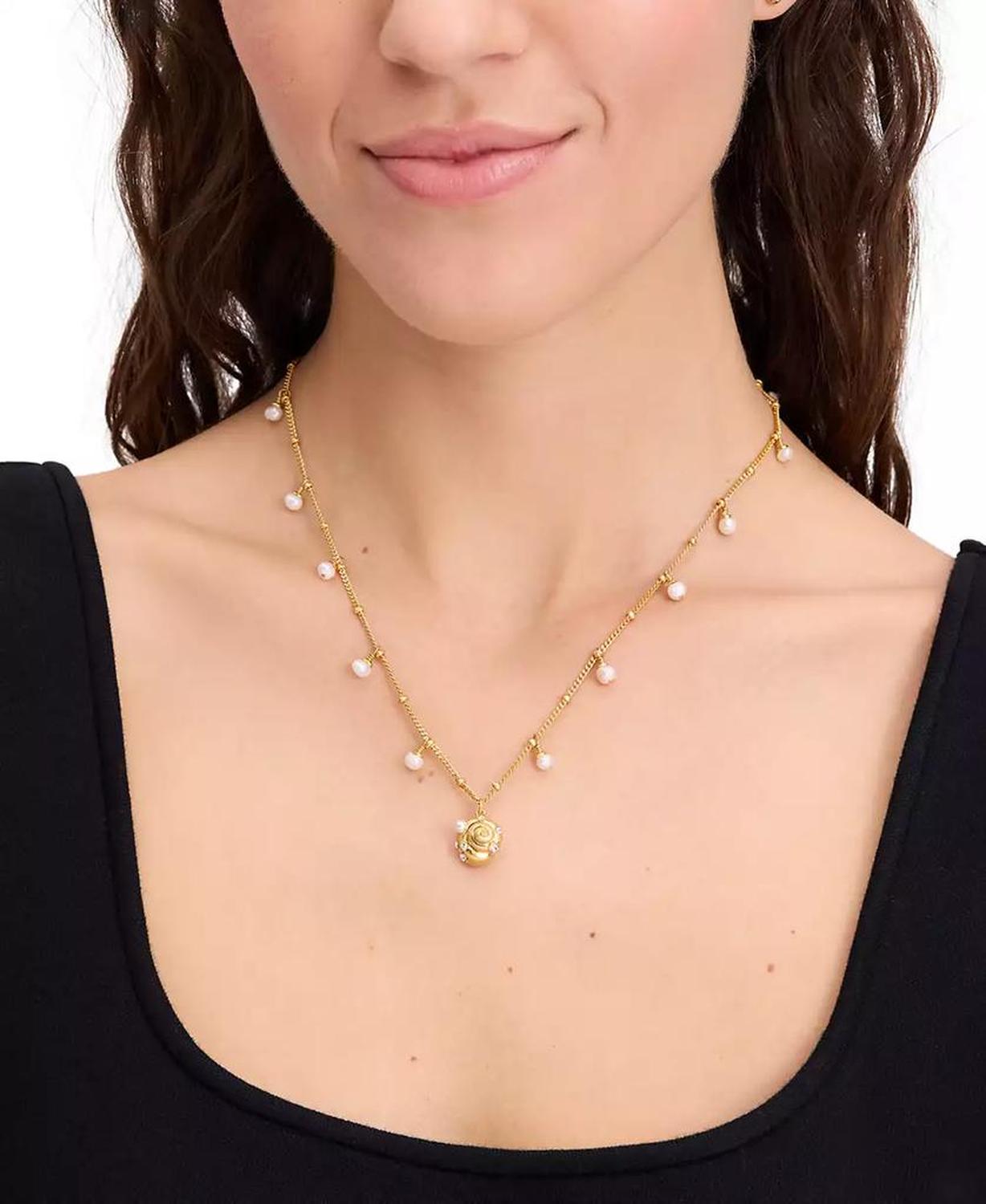 Gold-Tone Pavé & Freshwater & Imitation Pearl Shell Pendant Necklace, 16" + 3" extender