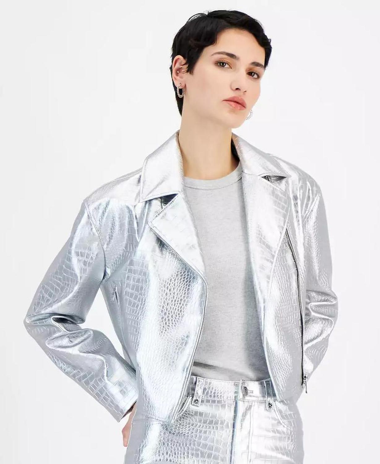Women's Metallic Croc-Embossed Moto Jacket