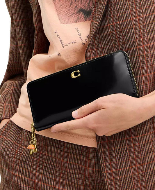 Essential Slim Spazzolato Leather Zip Around Wallet with Charm