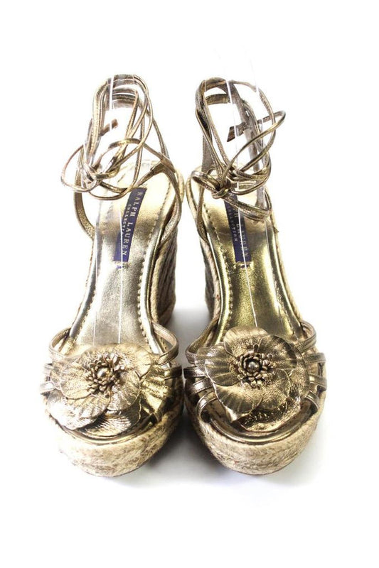 Ralph Lauren Collection Womens Metallic Leather Flower Wedge Sandals Gold