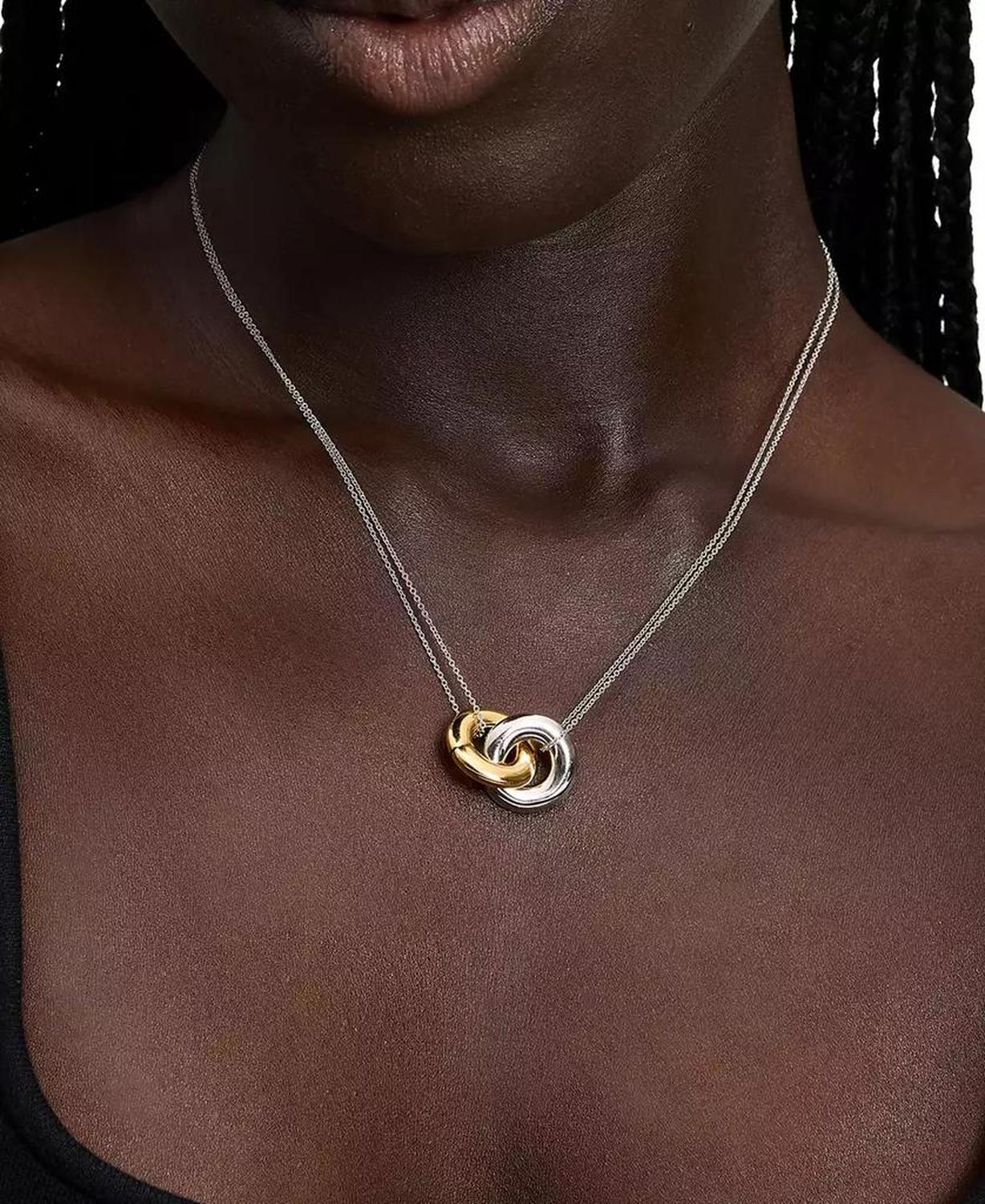 Two-Tone Interlock Ring Pendant Necklace, 16" + 3" extender