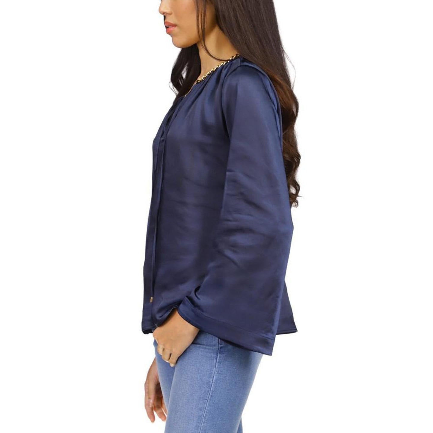 Women's Satin Bell-Sleeve Chain-Neck Top