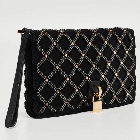 Marc Jacobs Suede And Satin Crystals Embellished Flap Clutch