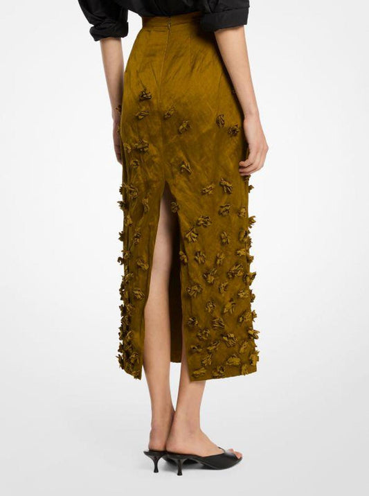 Hand-Embroidered Floral Crushed Duchesse Pencil Skirt