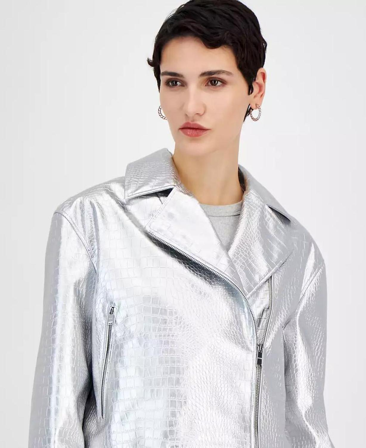 Women's Metallic Croc-Embossed Moto Jacket