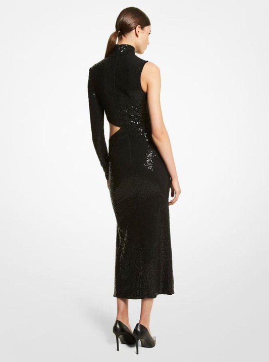 Hand-Embroidered Sequin Stretch Jersey Asymmetric Dress