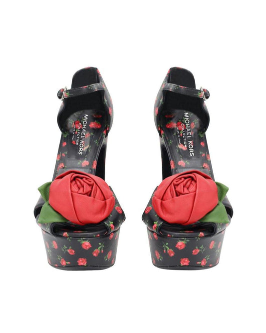 Michael Kors Huxley Rose Appliqué Rosebud Platform Sandal in Black & Red Leather
