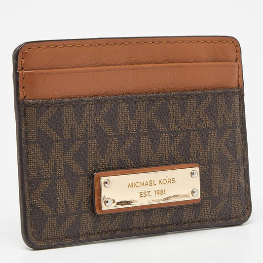 Michael Kors Beige/brown Signature Coated Canvas And Leather Card Case