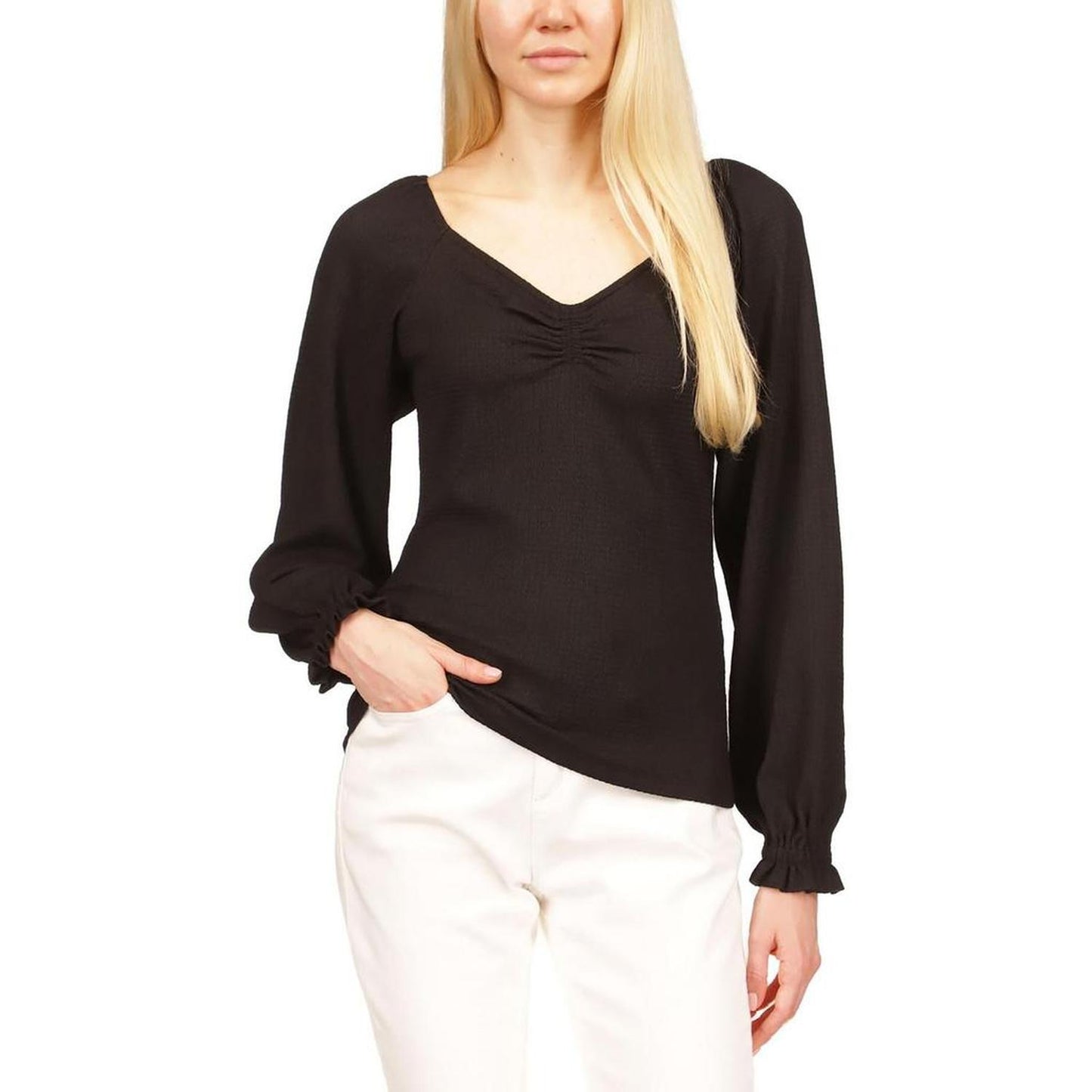 Petites Womens Square Neck Puff Sleeve Blouse
