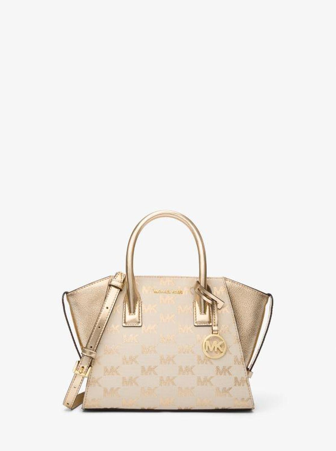 Avril Small Logo Jacquard and Metallic Leather Satchel