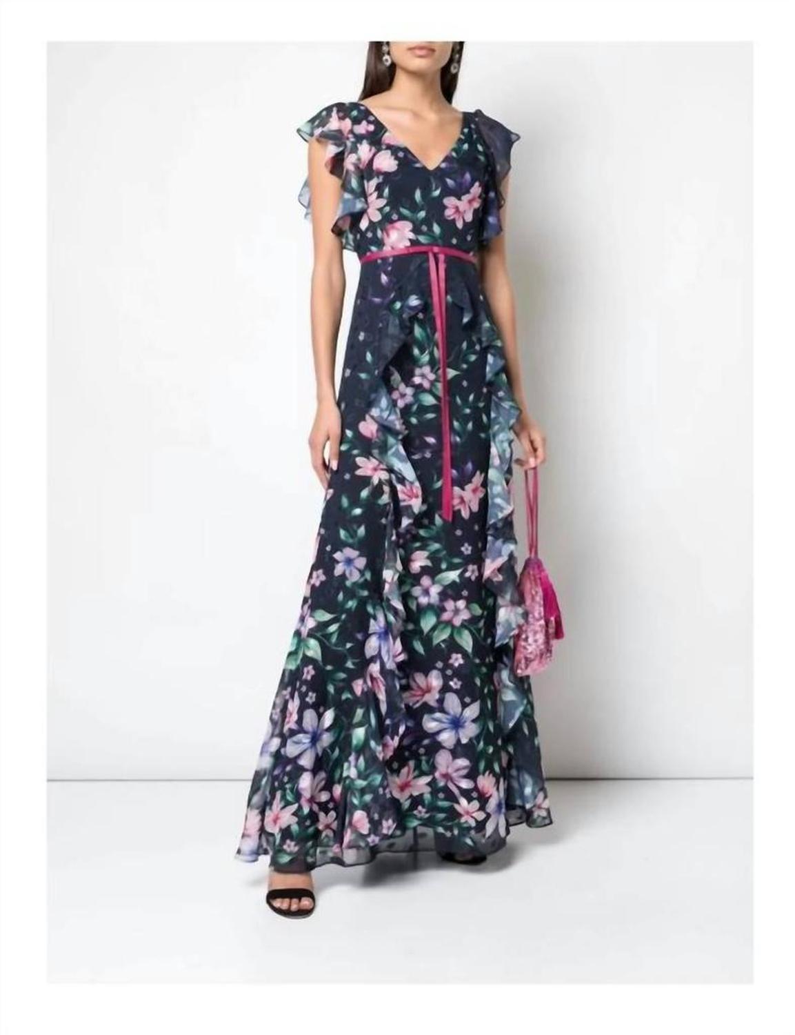 Notte Navy Floral Sleeveless Printed Chiffon Gown In Blue
