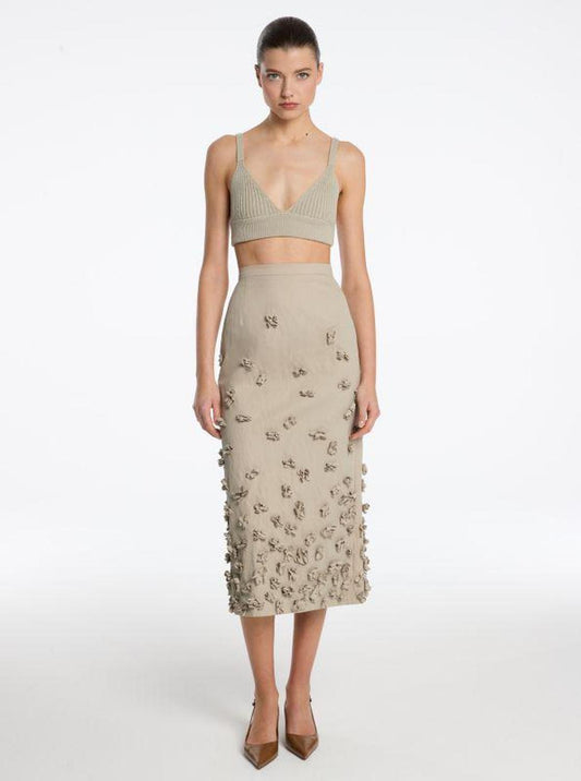 Hand-Embroidered Floral Crushed Cotton Gabardine Skirt