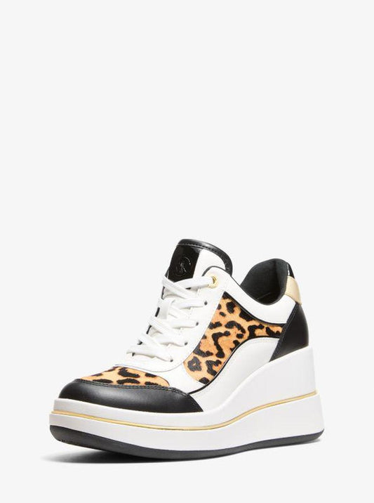 Emmy Leather and Leopard Print Calf Hair Wedge Trainer