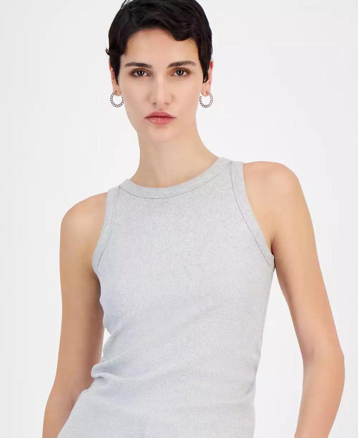 Women's Metallic Ribbed Round-Neck Tank Top